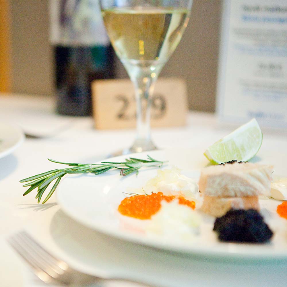 Dinner plate with gourmet meal and a glass of wine